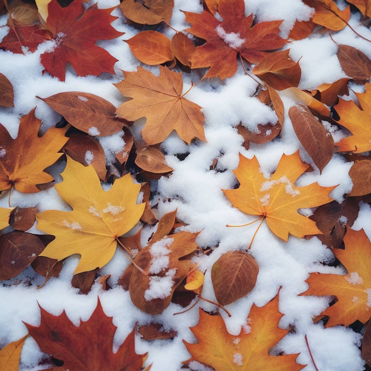 Feuilles d’automne recouvertes de neige, symbole du froid en hiver